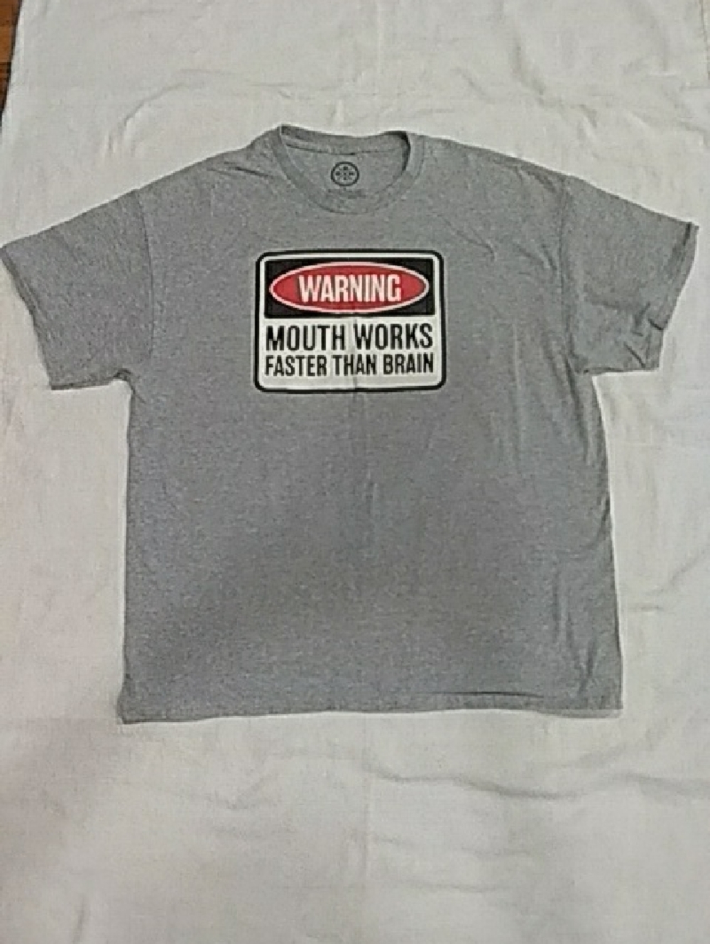 Gray Graphic Tee with 'Warning' Patch